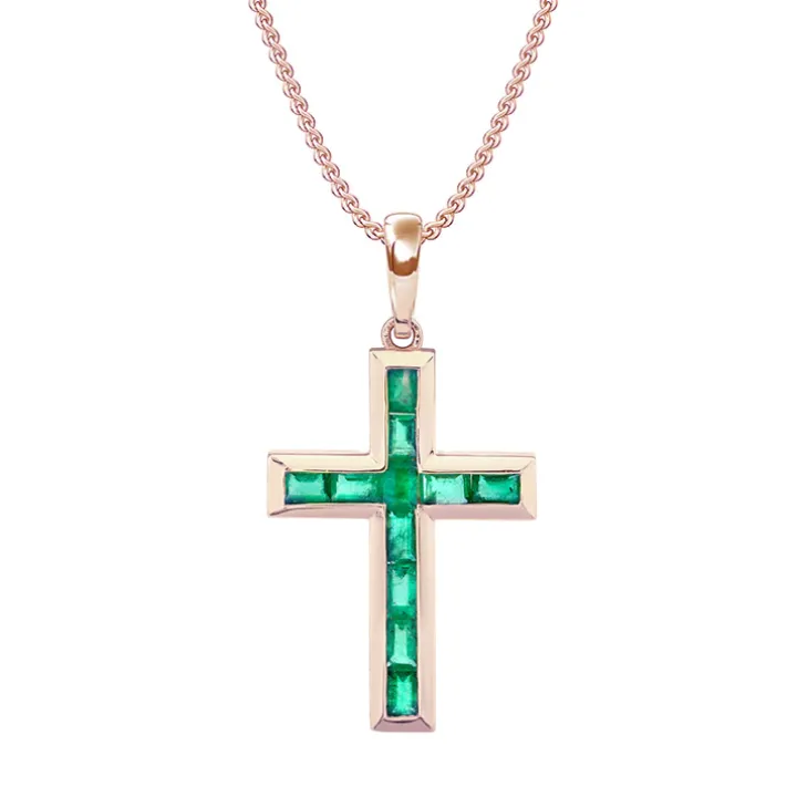 Bezel Set Green Emerald Cross Necklace