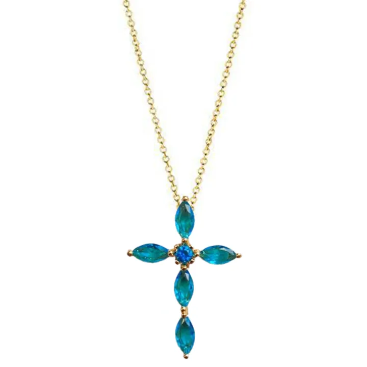 Blue Sapphire Marquise Gold Cross Necklace
