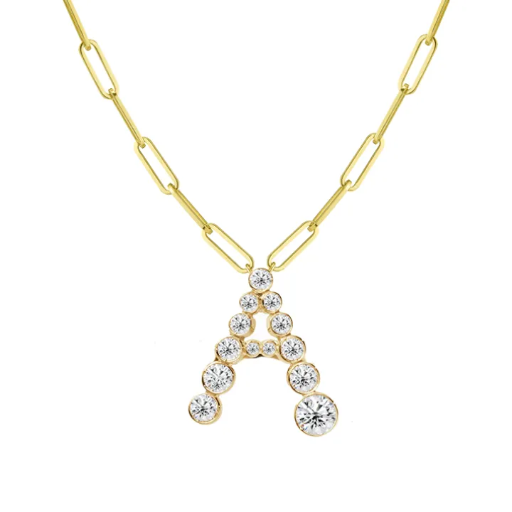 Bubble Diamond Initial Necklace with Paperclip Chain