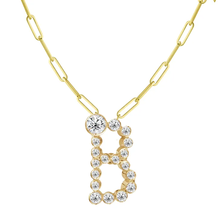 Bubble Diamond Initial Necklace with Paperclip Chain