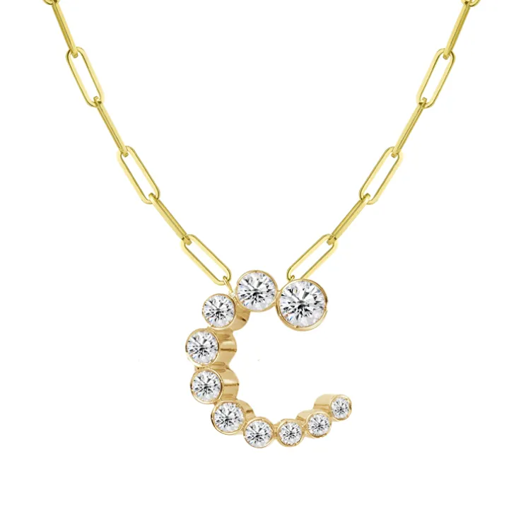 Bubble Diamond Initial Necklace with Paperclip Chain