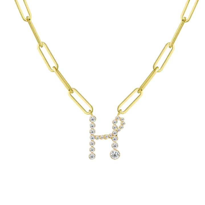 Bubble Diamond Initial Necklace with Paperclip Chain