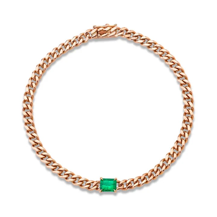 Cuban Link Bracelet with Green Emerald