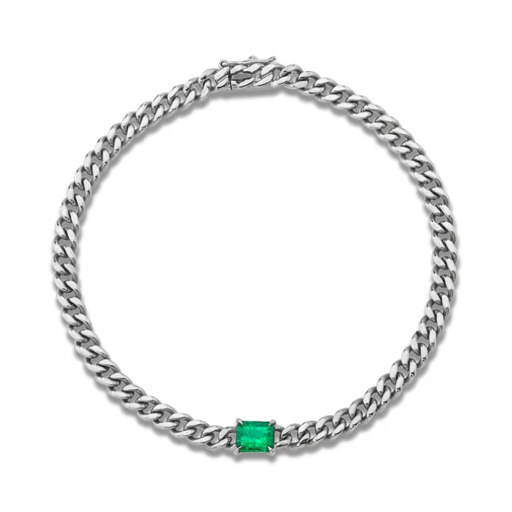 Cuban Link Bracelet with Green Emerald