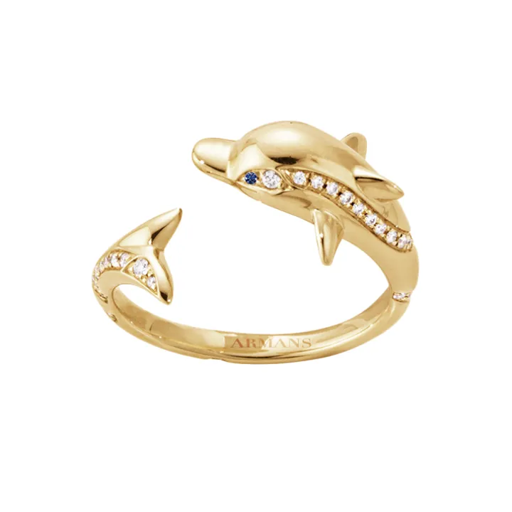 Diamond Dolphin Ring with Blue Sapphire Eyes
