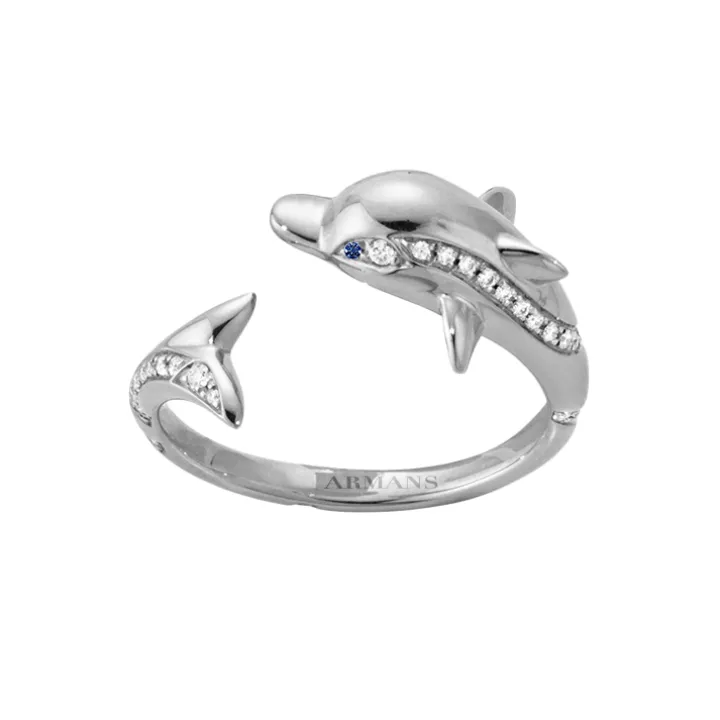 Diamond Dolphin Ring with Blue Sapphire Eyes