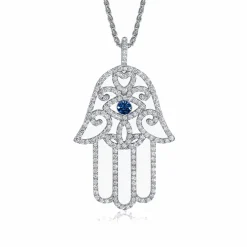 Diamond Hamsa Hand Necklace with Blue Sapphire