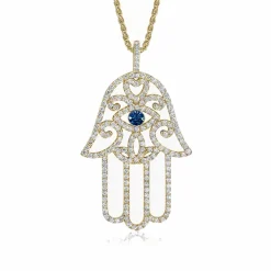Diamond Hamsa Hand Necklace with Blue Sapphire