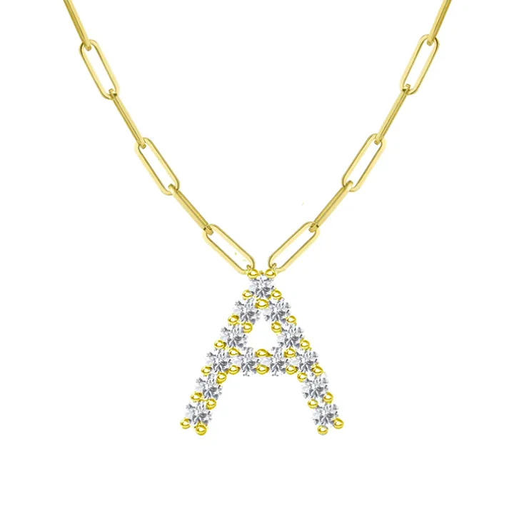 Diamond Initial Pendant with Paperclip Chain