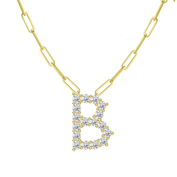 Diamond Initial Pendant with Paperclip Chain