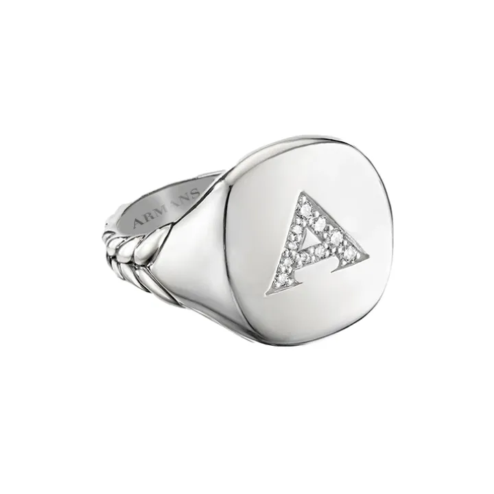Diamond Initial Pinky Ring with Woven Scale Band