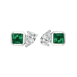Green Emerald Asscher and Diamond Pear Studs