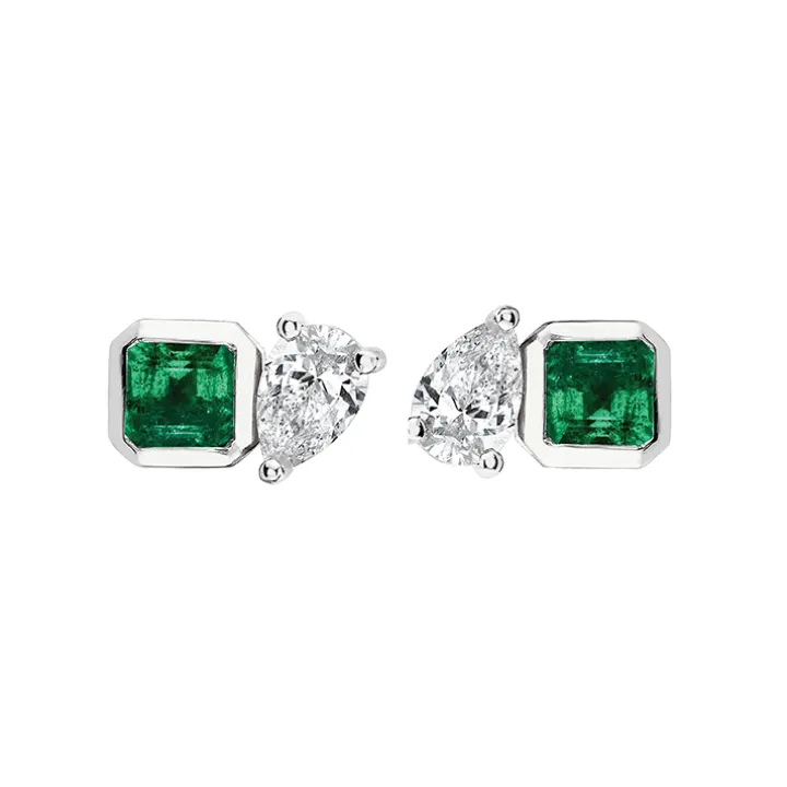 Green Emerald Asscher and Diamond Pear Studs