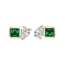 Green Emerald Asscher and Diamond Pear Studs