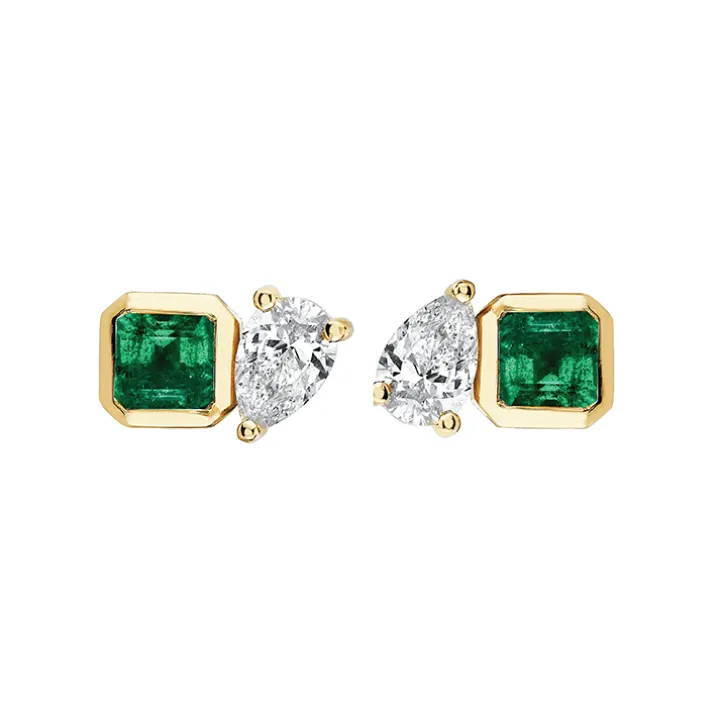Green Emerald Asscher and Diamond Pear Studs