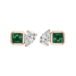 Green Emerald Asscher and Diamond Pear Studs