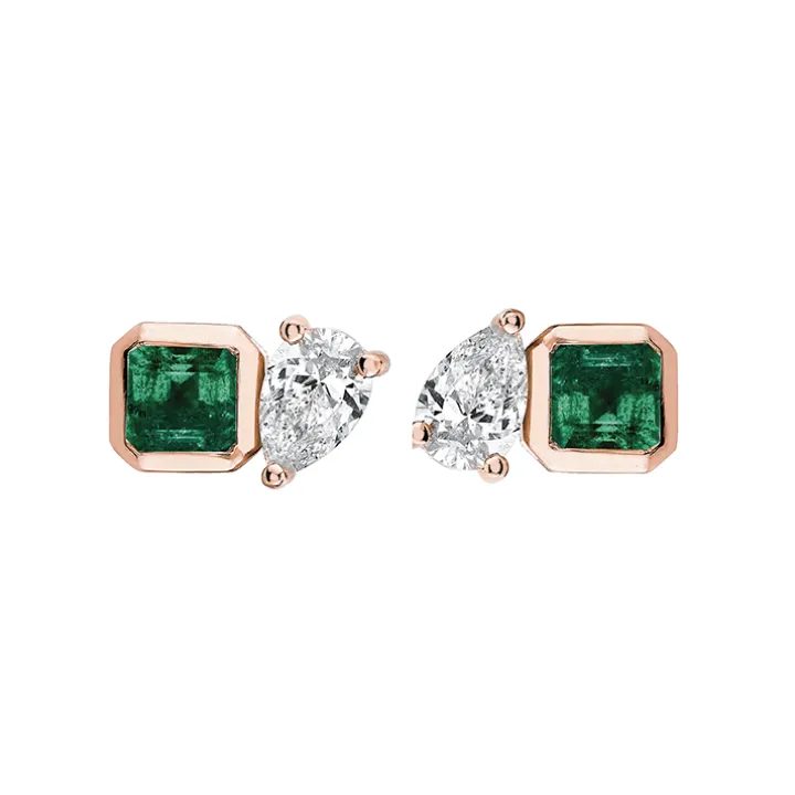 Green Emerald Asscher and Diamond Pear Studs
