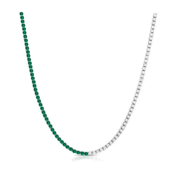 Half Green Emerald and Diamond Tennis Necklace