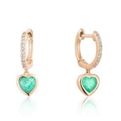 Heart Huggies with Green Emeralds and Diamonds