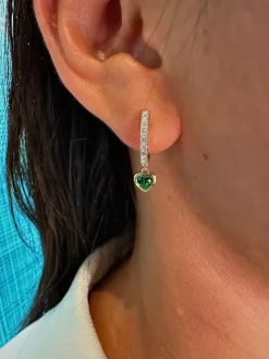 Heart Huggies with Green Emeralds and Diamonds