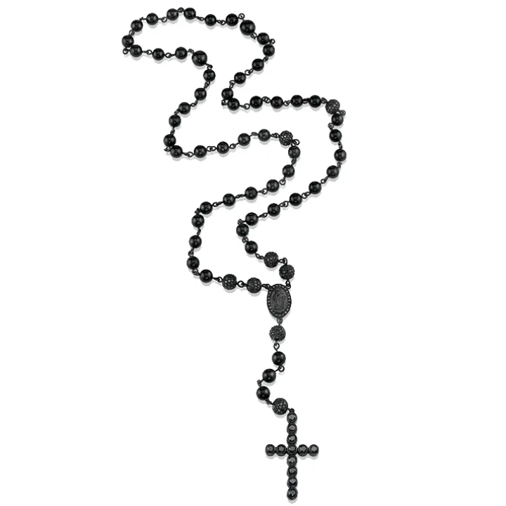 Men's Black Onyx Diamond Rosary Necklace
