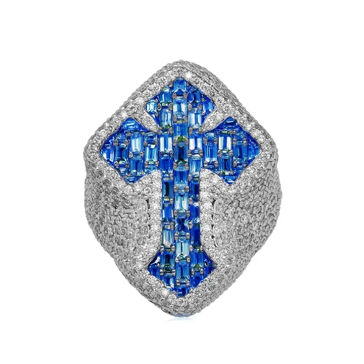 Men's Iced Out Blue Sapphire Cross Ring