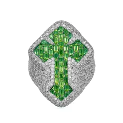 Men's Iced Out Green Emerald Cross Ring