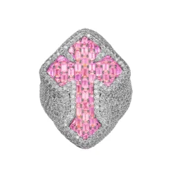 Men's Iced Out Pink Sapphire Cross Ring