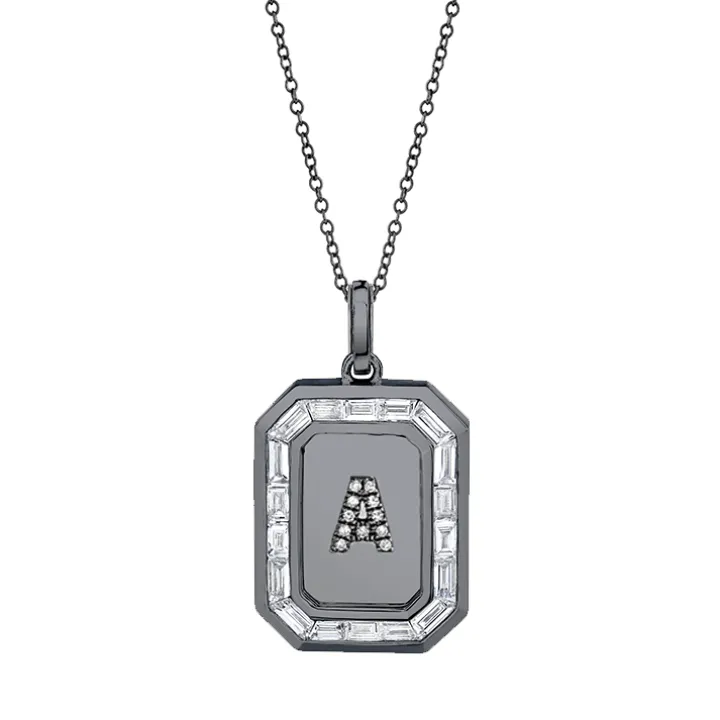 Men's Pavé Initial Nameplate Necklace with Baguette Diamonds