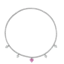 Pink Sapphire and Diamond Dangling Heart Tennis Necklace