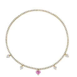 Pink Sapphire and Diamond Dangling Heart Tennis Necklace