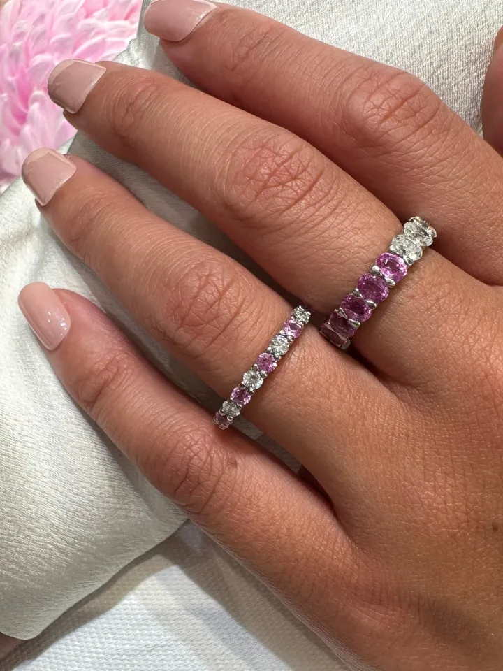 Pink Sapphire and Oval Diamond Wedding Band