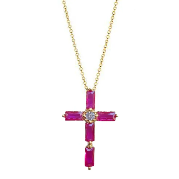 Pink Sapphire Emerald Cut Cross Necklace