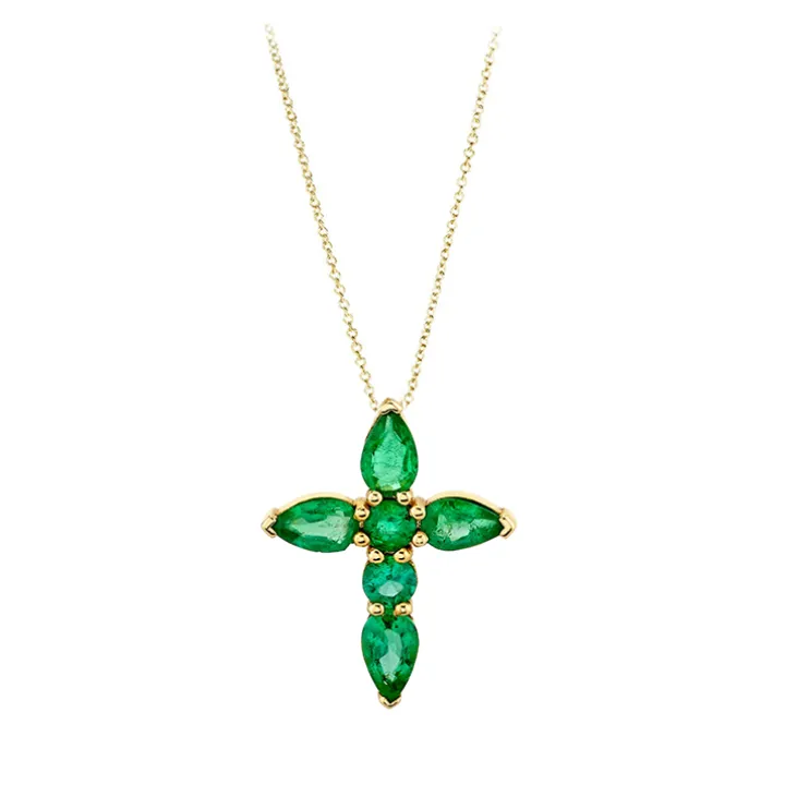 Prong Set Green Emerald Cross Necklace