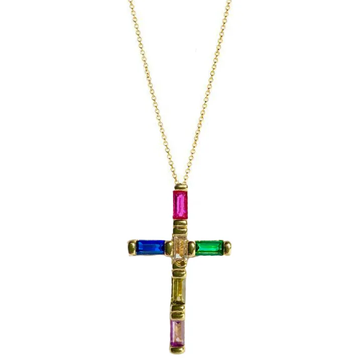 Rainbiow Multi-Sapphire Emerald Cross Necklace