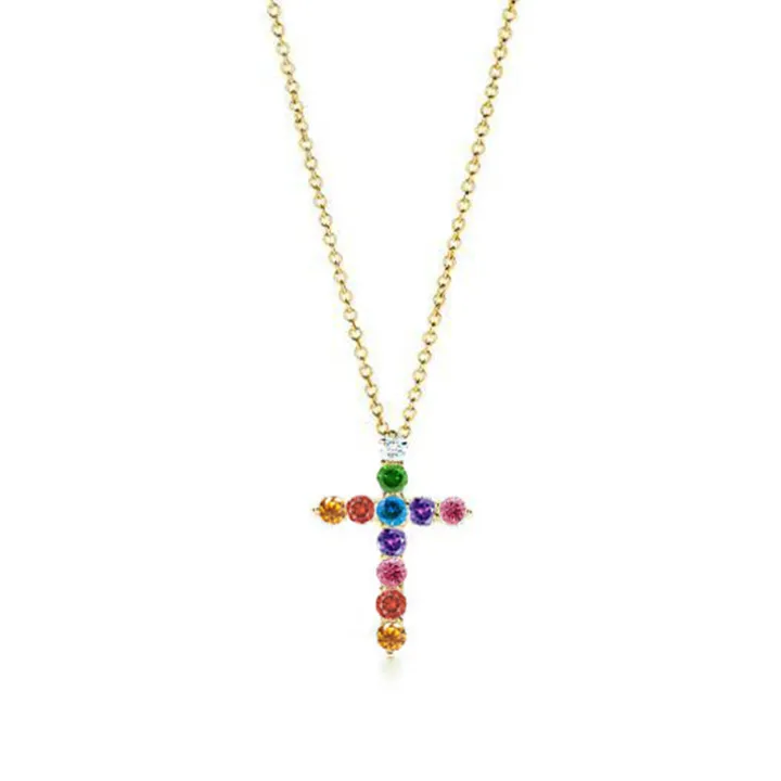 Rainbow Diamond Cross Necklace