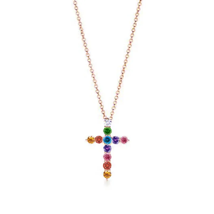 Rainbow Diamond Cross Necklace