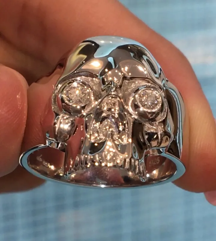 Solid Gold Skull Ring with Diamond Eyes