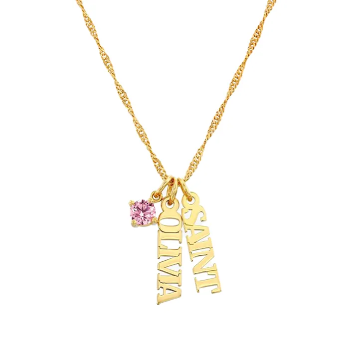 Vertical Name Necklace with Round Gemstone