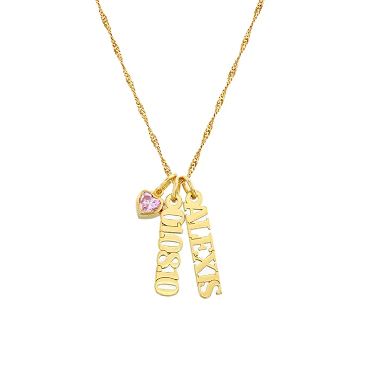 Vertical Name Necklace with Gemstone Heart