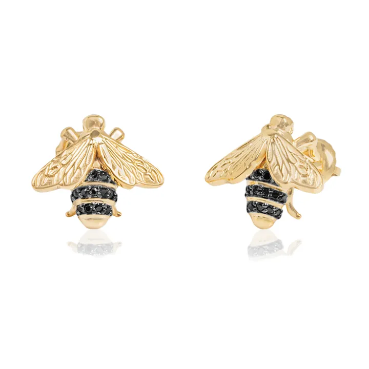 Yellow Honey Bee Black Diamond Stud Earrings